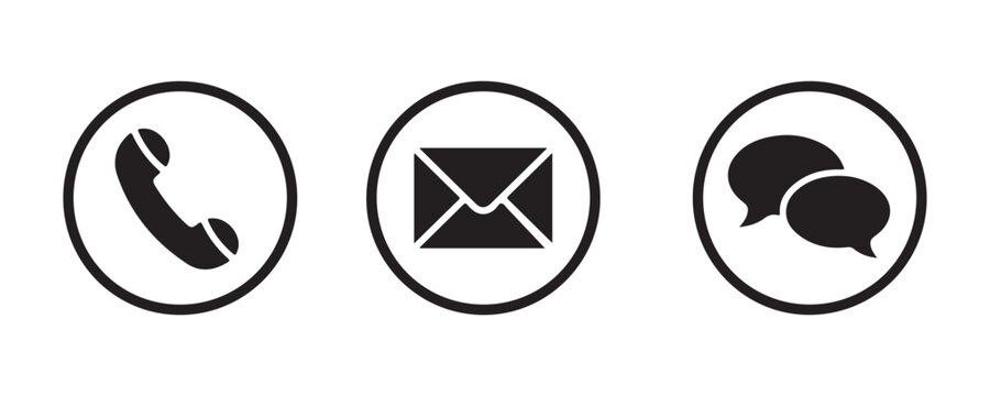 Contact us icons with phone, email, and message bubble in black circles on transparent background.