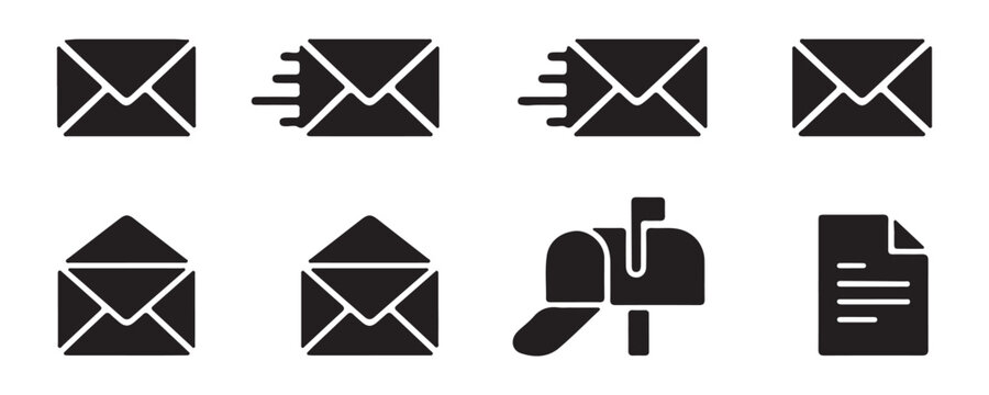 Professional collection of mail message symbols featuring sending envelopes and classic mailbox graphics.