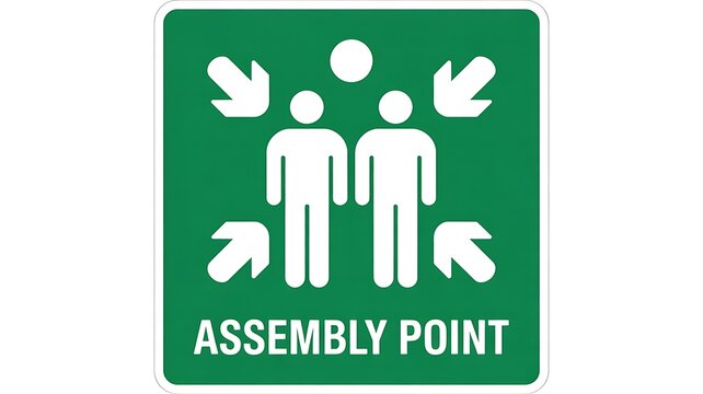 Green assembly point sign, emergency meeting icon, directional arrows, safety symbol