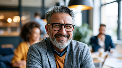 Obraz premium A mature Latin American man over fifty leads softly a bright team discussion in a modern office wearing local tailoring in natural daylight office leader open face office