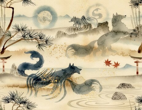 Vintage Japanese folklore inspired background