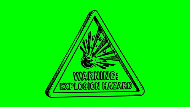 hand drawn style animation of a warning explosion hazard triangle sign with an exploding bomb icon over a chroma key green screen background. Pure black graphic fills with no white color elements