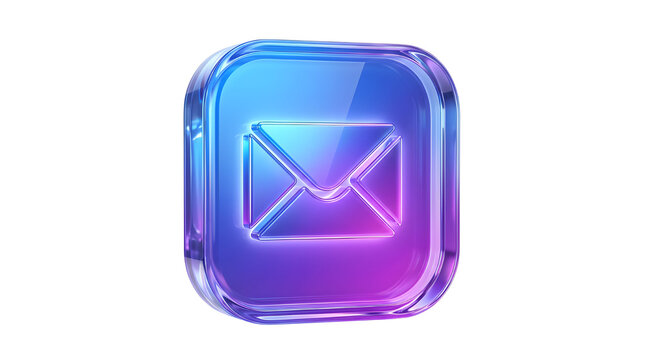Futuristic glass email icon with neon glow, 3d glossy mail envelope symbol in blue and purple, modern digital communication button on white background