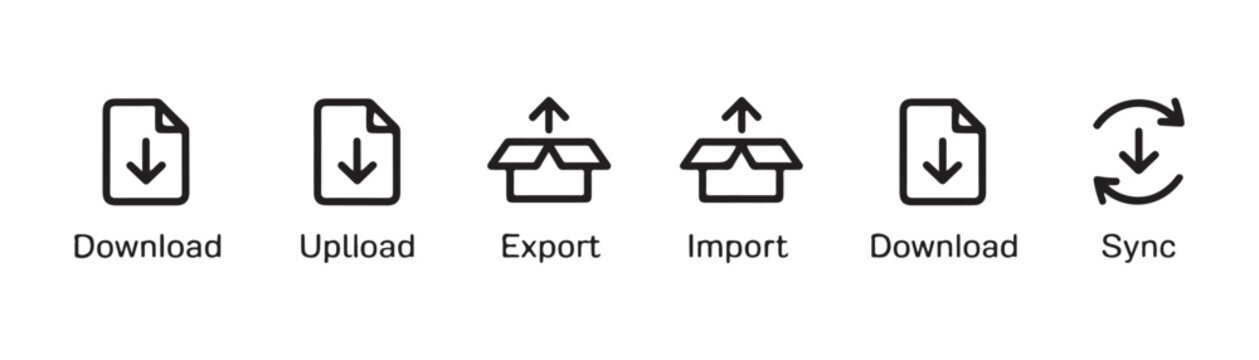 File management icons including download upload export and import symbols with text labels on grey background.