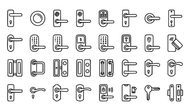 Minimal door handles icon set with electric doorknob and domestic security control symbols