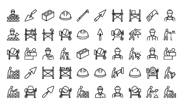  Minimal masonry worker construction icon set with bricklayer builder and industrial tool symbols for web design