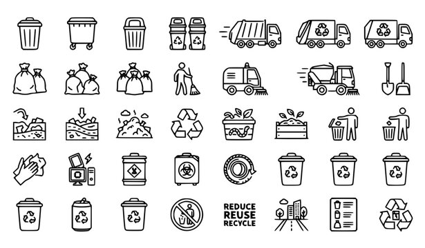 Minimal city garbage icon set with waste management recycling and sanitation symbols for web design