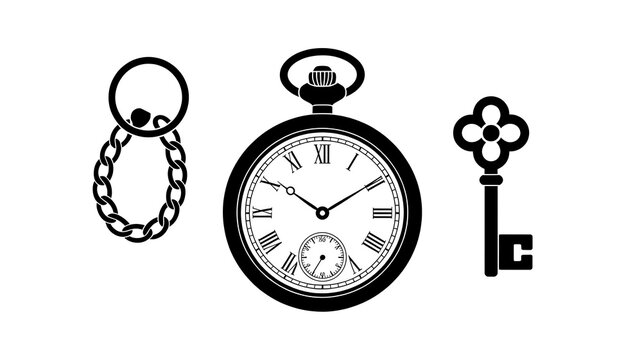 Vintage pocket watch, chain, and key, antique clock, timepiece accessories