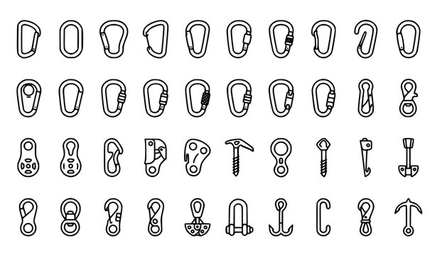  Carabiner Icons Set - Climbing Gear, Hooks, Anchors and Hardware Vector Line Icons