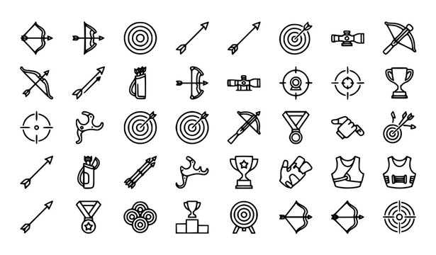 Minimal accuracy archery icon set with bow arrow target and precision sport symbols