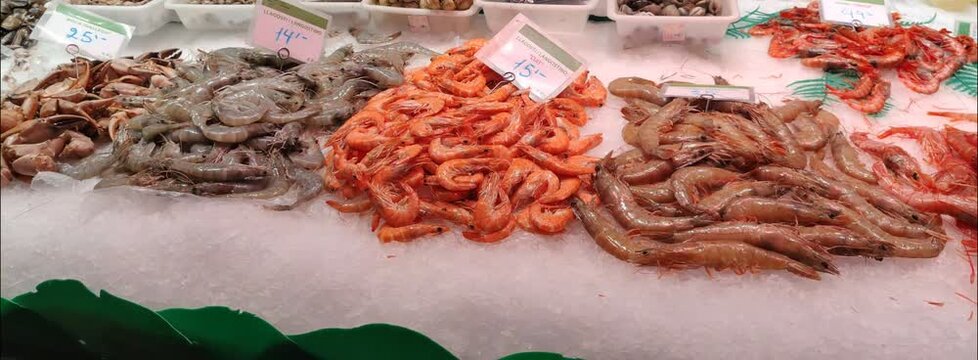 Fresh raw seafood and shrimp displayed on ice at fish market stall