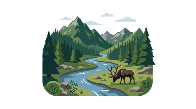 Majestic elk grazes by a winding river in a lush mountain forest landscape.