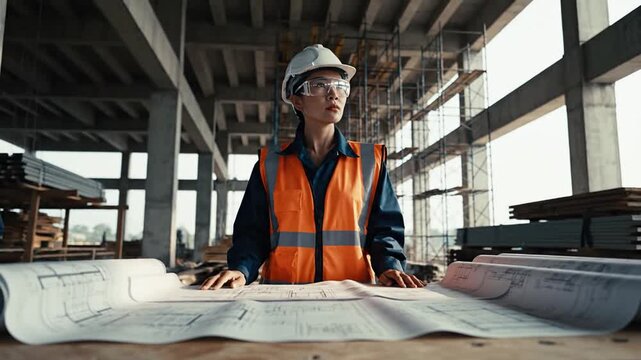 A diligent foreman in a hardhat and safety vest intently surveys intricate blueprints at a bustling construction site.