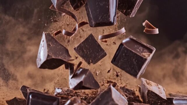 Dark chocolate chunks and shavings falling in slow motion against a dark background