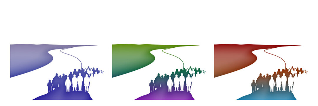 Group of people walking on a path in colorful landscape