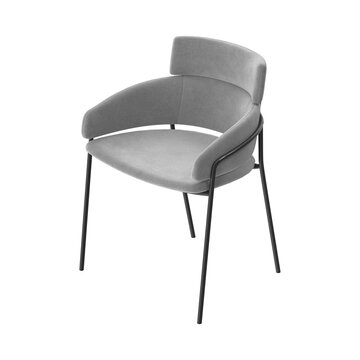 Modern Dining Armchair with Two Tier Backrest and Slim Metal Legs Isometric View on White Background