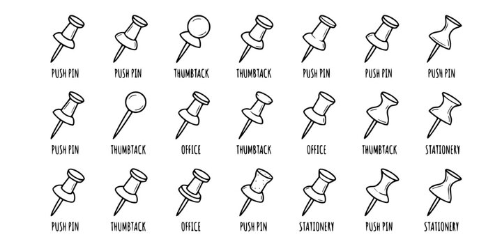 Push Pin and Thumbtack Icon Set for Office and Stationery
