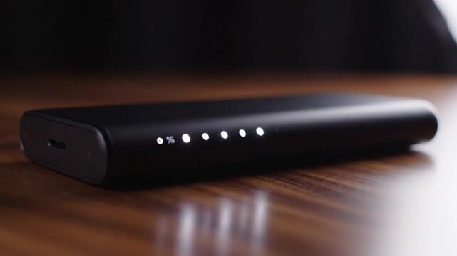 Modern black portable power bank with glowing led battery indicator on wooden table