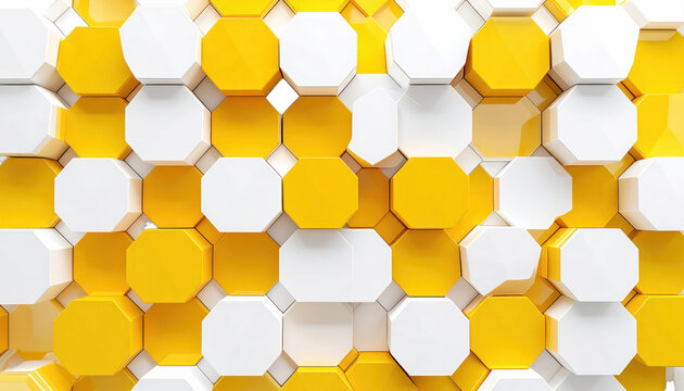 Abstract geometric pattern of yellow and white octagons with a 3D effect.