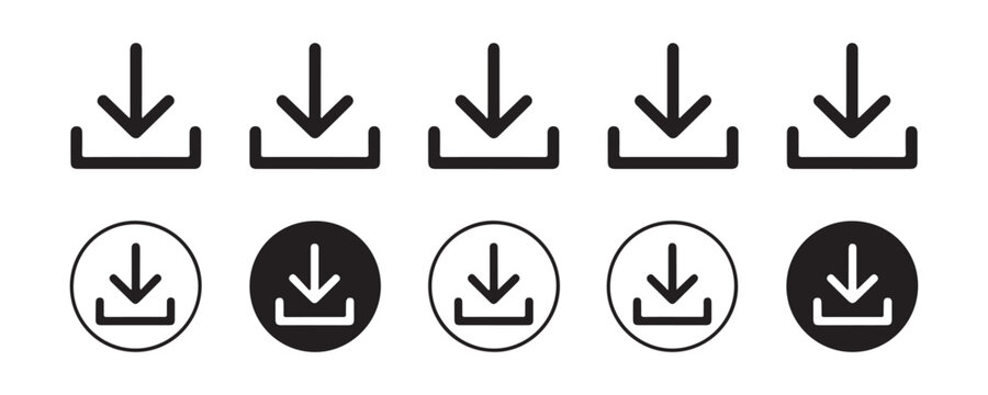 Collection of download arrow icons in line and solid styles with and without circles for digital web interface.