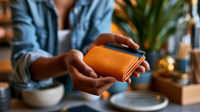 A close up of Middle Eastern hands holds softly a bright leather wallet while paying at a calm shop in natural daylight wallet detail open face partial shop location natural