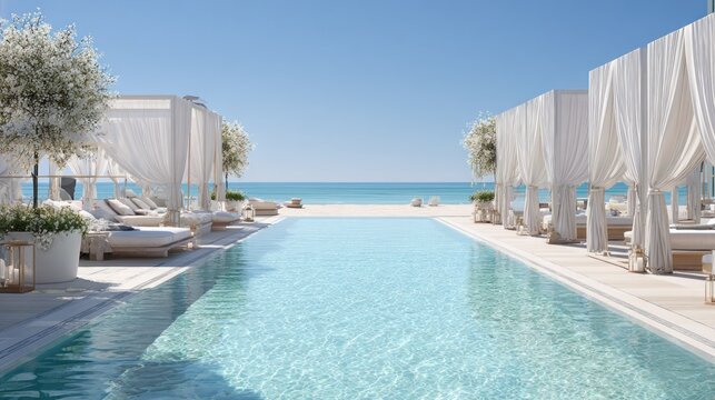 Luxurious resort poolside area features white cabanas and clear blue ocean horizon