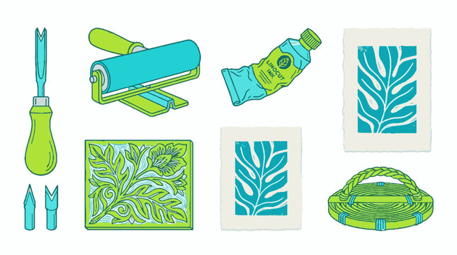 Linocut printmaking tools and finished art prints set including carving gouges brayer roller ink tube and botanical block designs in vector illustration