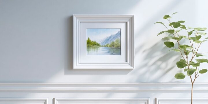 frame with landscape art, hanging on an empty wall of a room
