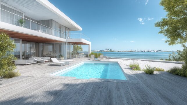 Modern waterfront residence features expansive outdoor deck and integrated swimming pool