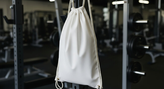 White drawstring bag hanging on a metal gym equipment rack