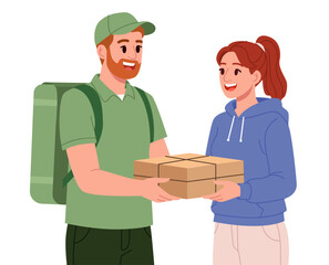 Fototapeta premium Pizza Delivery Man Handing Pizza Boxes to Customer. Vector Illustration.