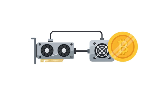 Cryptocurrency Mining Rig Components and Bitcoin Symbol.