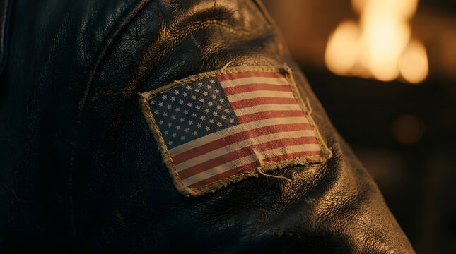 Weathered American flag patch on rugged leather, embodying patriotism, freedom, and resilience. Symbolizing the enduring spirit of the 4th of July