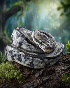 Axanthic Ball Python with Axanthic Ball Python Snake Resting on Dark Tree Bark in Forest Habitat, Axanthic Ball Python Exotic Reptile Wildlife, Axanthic Ball Python with Black and Silver Gray Scales 