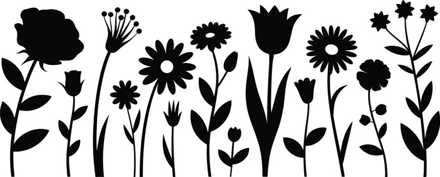 Set of black silhouette flowers and wild plants including rose daisy tulip and meadow blossoms isolated on white background.