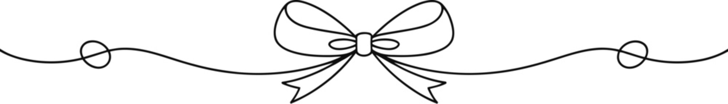 Continuous line drawing of an elegant ribbon bow divider with wavy strings and small decorative knots on white background.