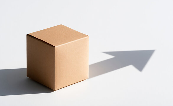 Cardboard parcel box casting a long arrow shadow pointing forward
