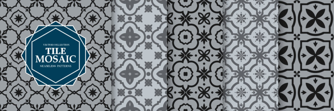 Collection of seamless monochrome geometric mosaic tile patterns. Decorative ornamental gray eastern backgrounds. Vector repeatable elegant vintage prints