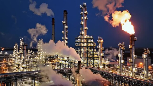 Night refinery illuminated with flare stacks and steam plumes, showing petrochemical processing units, storage tanks and pipelines in active operation, energy production and industrial infrastructure.