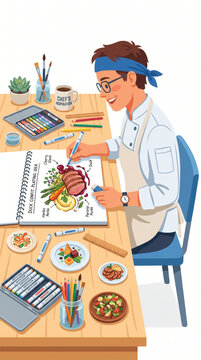 Cartoon chef smelling herbs white hat culinary illustration fresh aroma cooking professional style