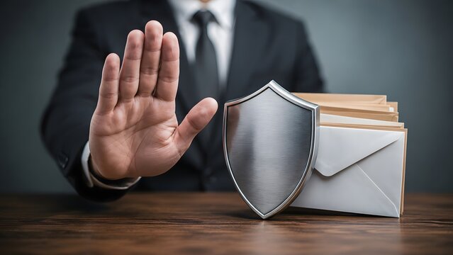 Businessman in suit showing stop gesture protecting sensitive documents and envelopes behind a metal shield for data privacy and security concept