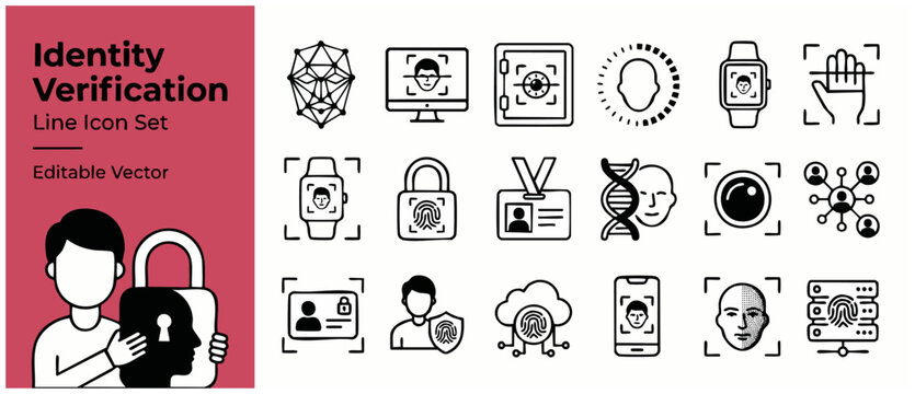 Identity verification line icons set featuring biometric security face recognition technology fingerprint scan cyber protection secure access control editable vector illustrations for network safety