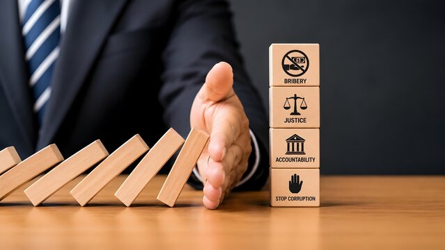 Businessman hand stopping falling domino blocks next to stack of wooden cubes with bribery justice accountability and stop corruption icons