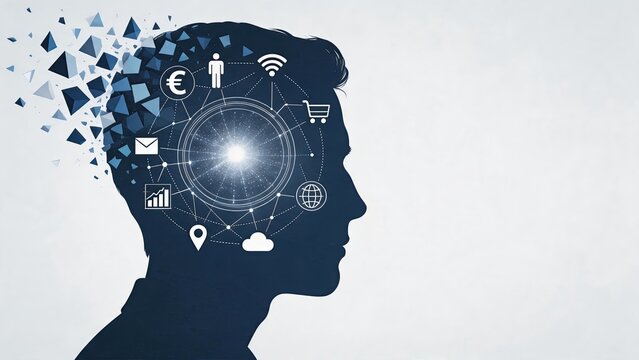 Human Brain Digital Network Silhouette, Artificial Intelligence And Mind Connection Concept, Data Processing And Cognitive Computing Visualization, Future Technology And Neural