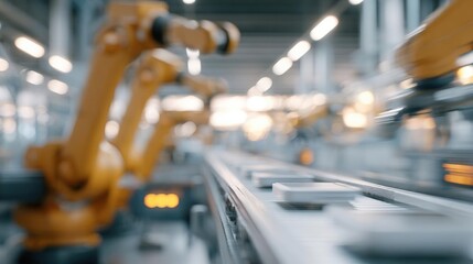 Fototapeta premium Close-up of a robotic arm in a factory setting. the robotic arm is orange in color and is positioned on a conveyor belt.