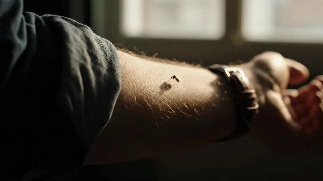 Mosquito lands on arm with watch nearby. Insect bites skin while person wears watch. Mosquito on hairy arm close-up. Bug lands near wristwatch on skin. Person with watch gets mosquito bite.