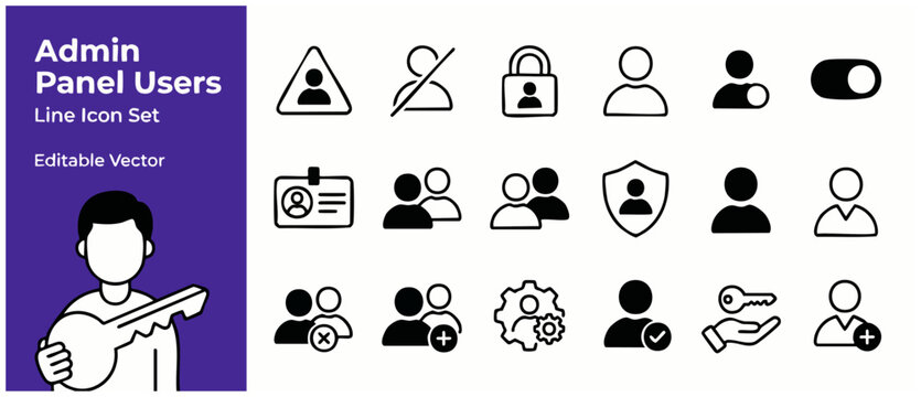 User Management Line Icon Set for Admin Panel Profile Settings and Security Permissions. Minimalist Black Outline Vector Graphic Elements for Website UI UX Dashboard Interface Design Applications.