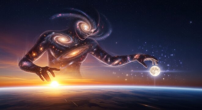 Surreal cosmic entity shaped like a human figure made of swirling galaxies and nebulae reaching out to touch a glowing moon above the horizon of a planet at sunrise in deep space