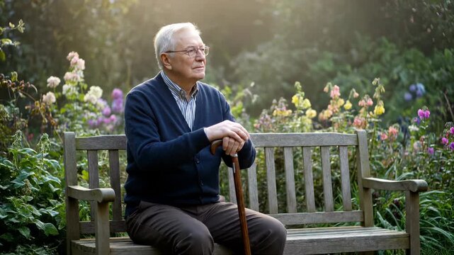 Senior man sits on garden bench with cane among flowers at sunset. Elderly man rests in blooming garden. Senior with cane thinks on bench. Man enjoys garden with flowers and sunlight rays.