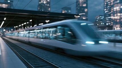 Fototapeta na wymiar Modern high-speed train on a railway track at night. the train is moving towards the right side of the image, with its headlights on.